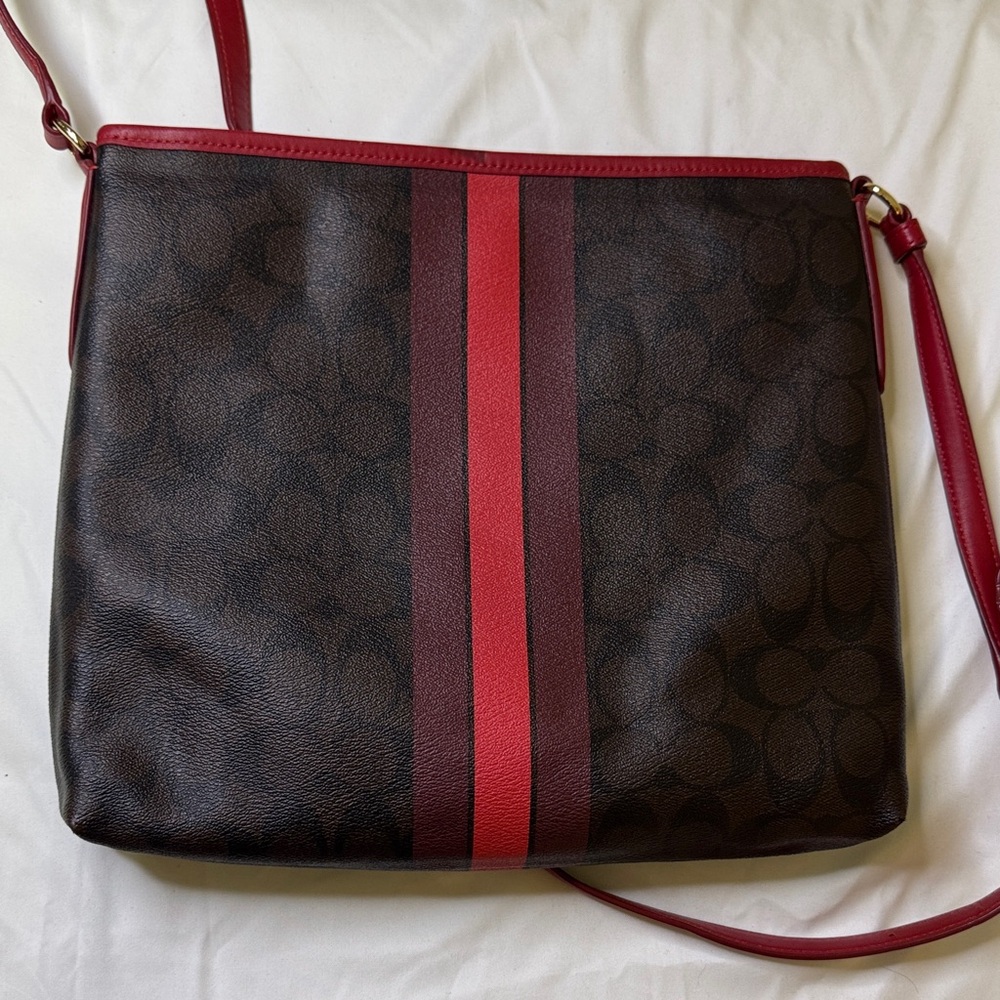 Coach Signature Monogram Crossbody Bag and Wallet Set Brown Red Stripe‎ - Picture 3 of 13